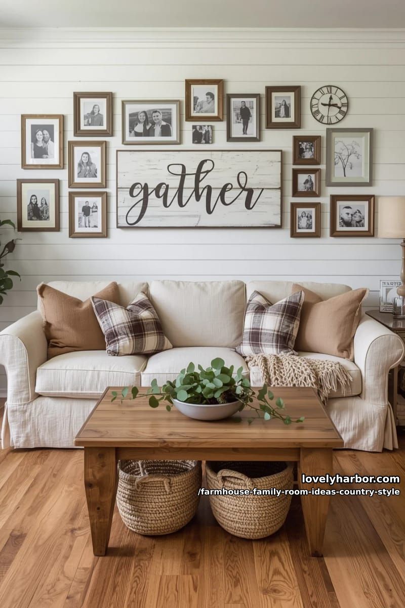 Mixture of family photo wall on the farm and vintage wooden sign “Gather” above sofa 1