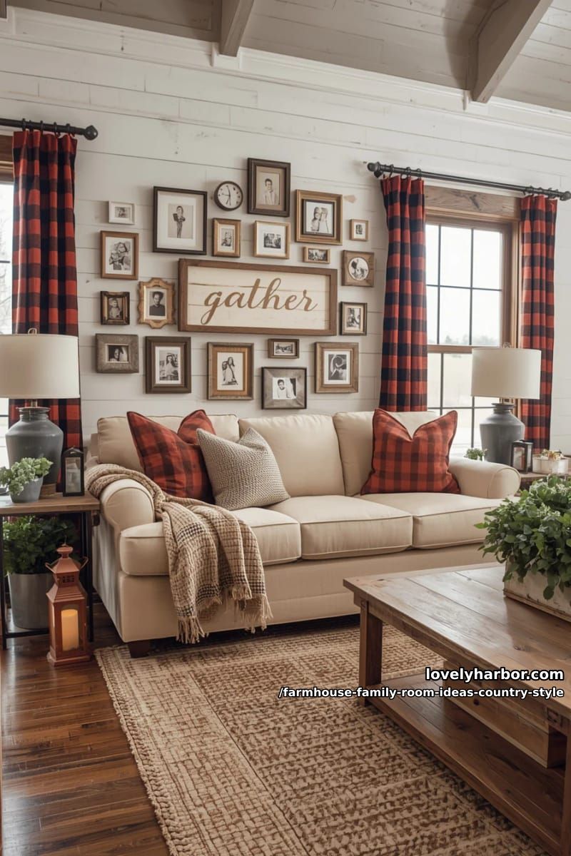 Mixture of family photo wall on the farm and vintage wooden sign “Gather” above sofa 1