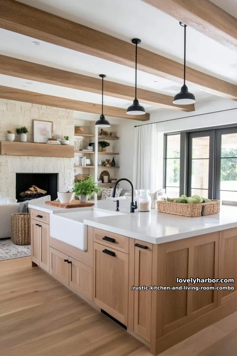 15 Rustic Kitchen and Living Room Combos for Modern Homes 27 Mixture of matte black hardware and natural wood cabinets for a modern touch 1