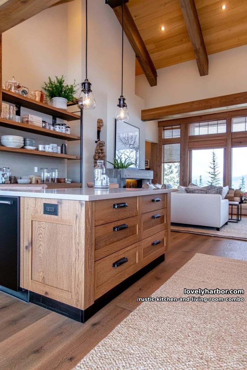 15 Rustic Kitchen and Living Room Combos for Modern Homes 28 Mixture of matte black hardware and natural wood cabinets for a modern touch 1