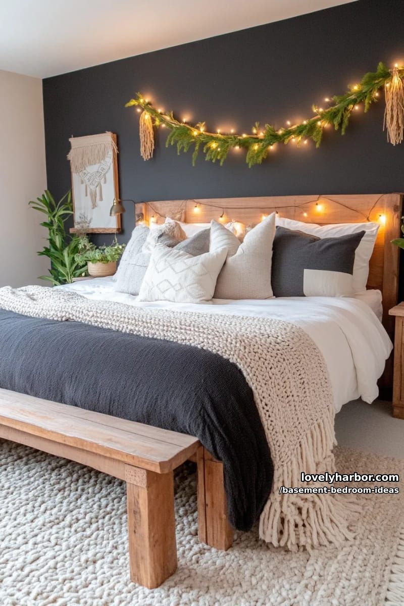 Atmospheric black accent wall with warm fairy lights and fluffy bedding 1