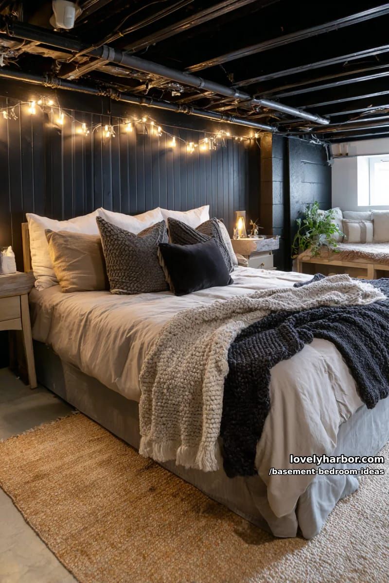 Atmospheric black accent wall with warm fairy lights and fluffy bedding 1