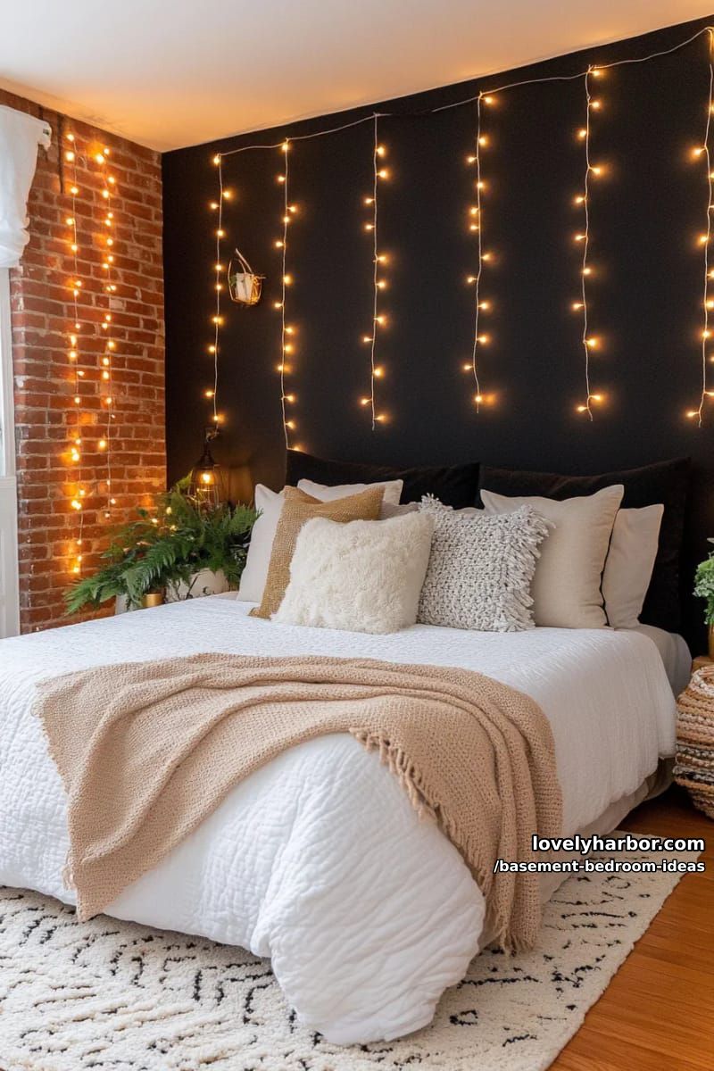 Atmospheric black accent wall with warm fairy lights and fluffy bedding 1
