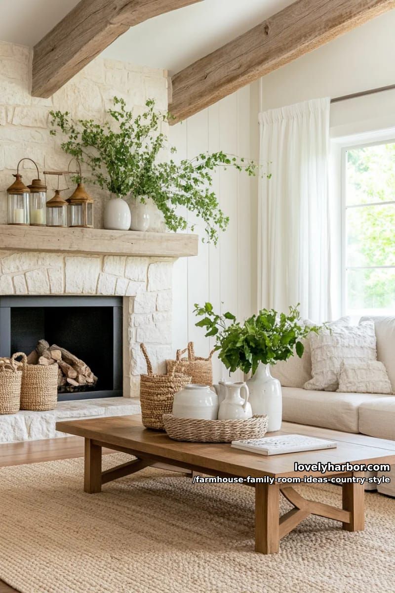 Neutral linen area overlooking a stone fireplace and woven basket storage 1