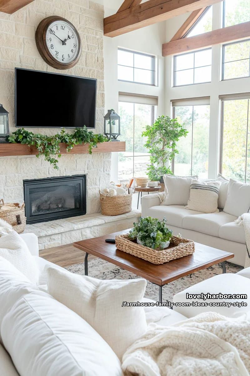 Neutral linen area overlooking a stone fireplace and woven basket storage 1