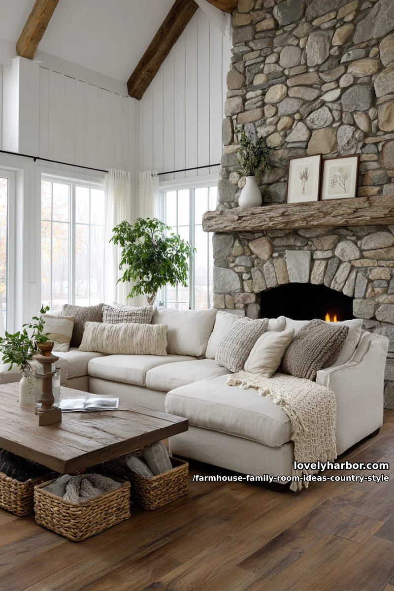 Neutral linen area overlooking a stone fireplace and woven basket storage 1