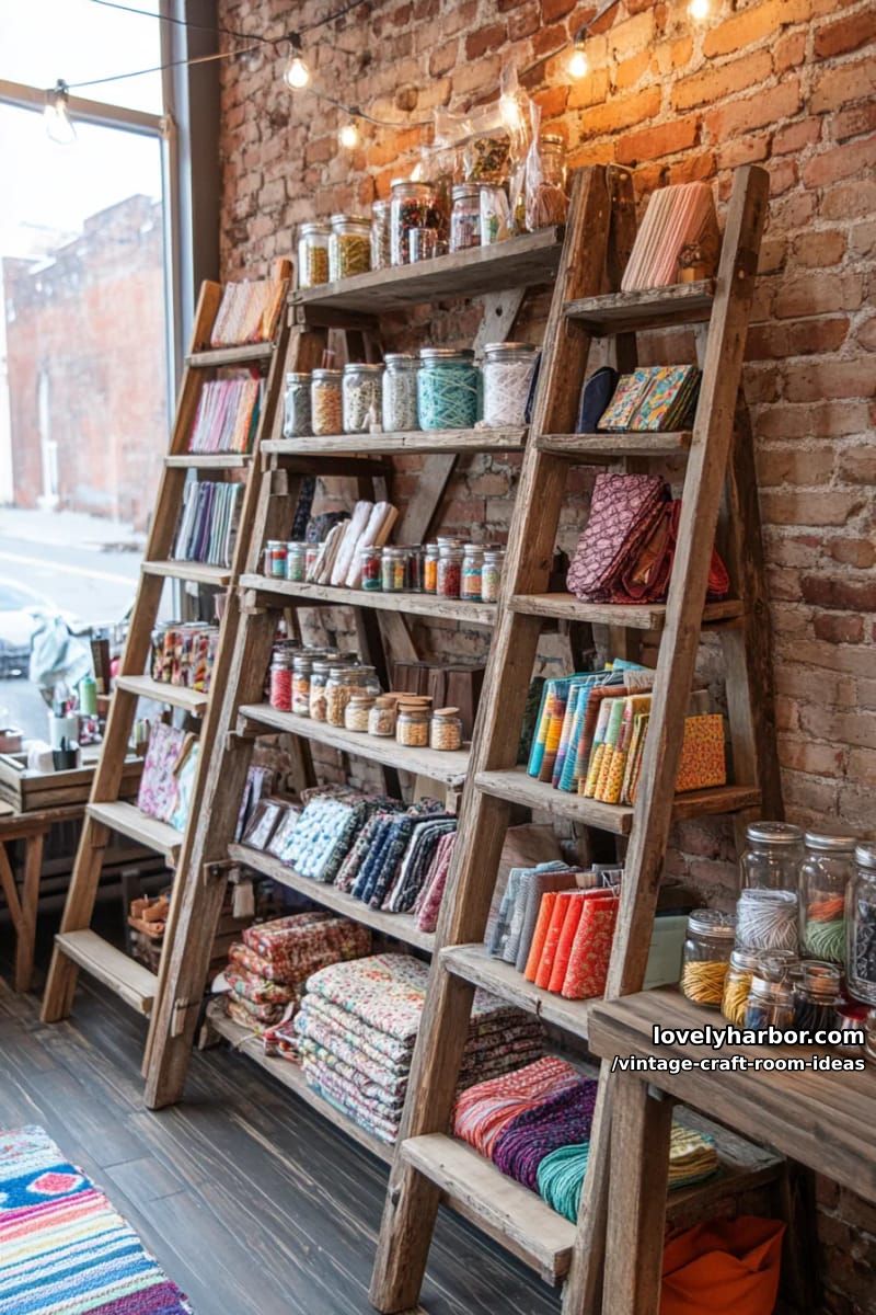 15 vintage craft room ideas for a charming creative space 13 Old wooden ladders converted into vertical fabric and yarn displays 1