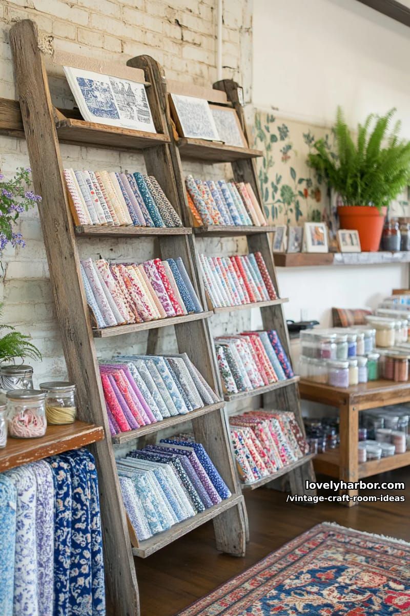 15 vintage craft room ideas for a charming creative space 14 Old wooden ladders converted into vertical fabric and yarn displays 1