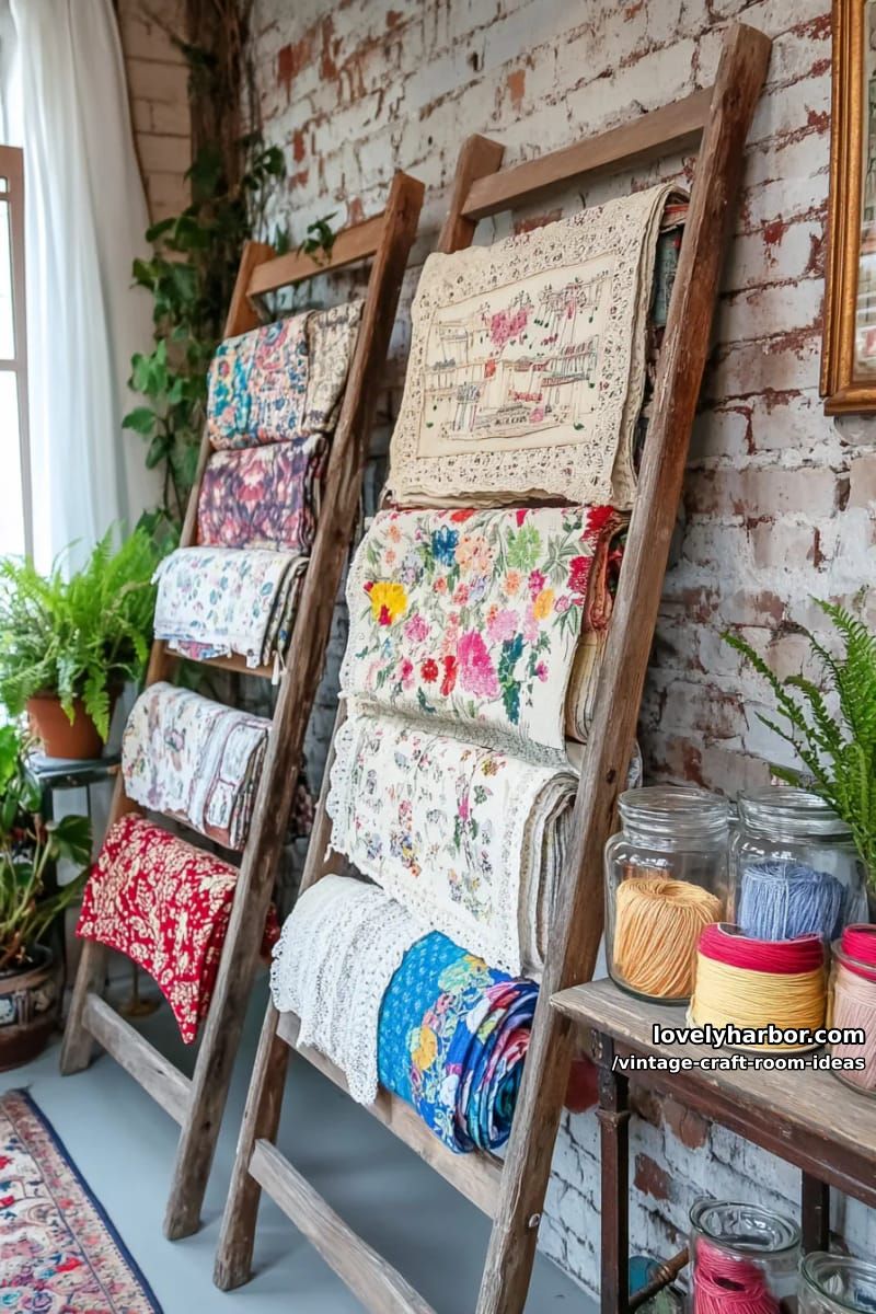 15 vintage craft room ideas for a charming creative space 15 Old wooden ladders converted into vertical fabric and yarn displays 1