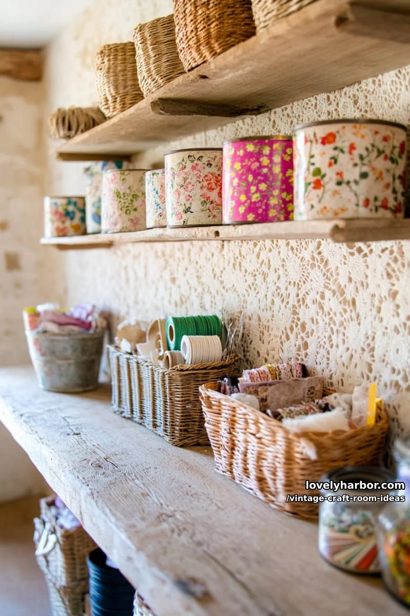 15 Vintage Craft Room Ideas for a Charming Creative Space 33 Open storage shelf filled with antique tin cans and woven baskets 1
