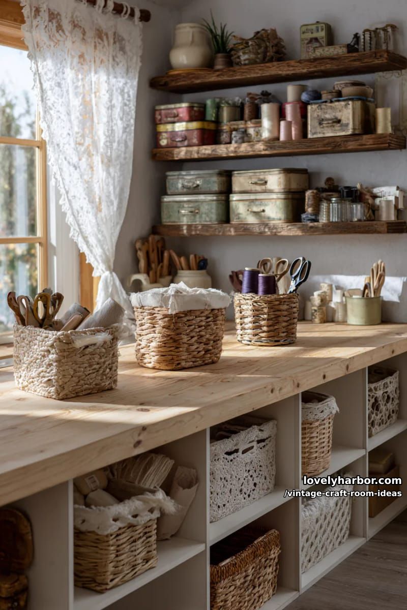 15 Vintage Craft Room Ideas for a Charming Creative Space 34 Open storage shelf filled with antique tin cans and woven baskets 1
