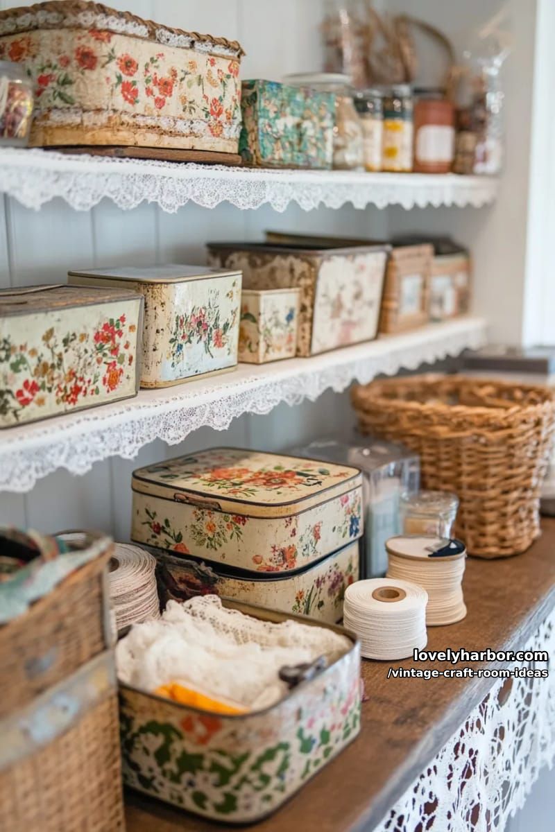 15 Vintage Craft Room Ideas for a Charming Creative Space 35 Open storage shelf filled with antique tin cans and woven baskets 1