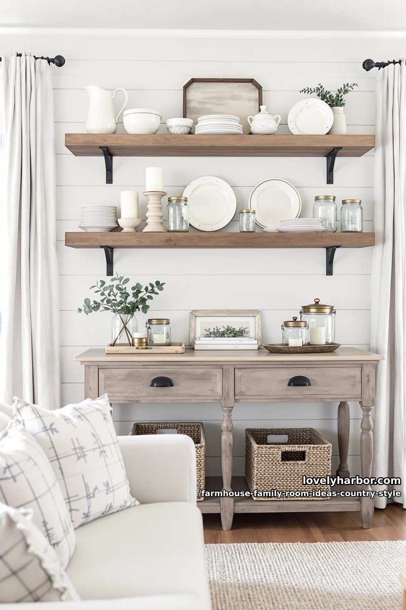 Open shelf with cream-colored ceramics, mason jars and farmhouse candles 1