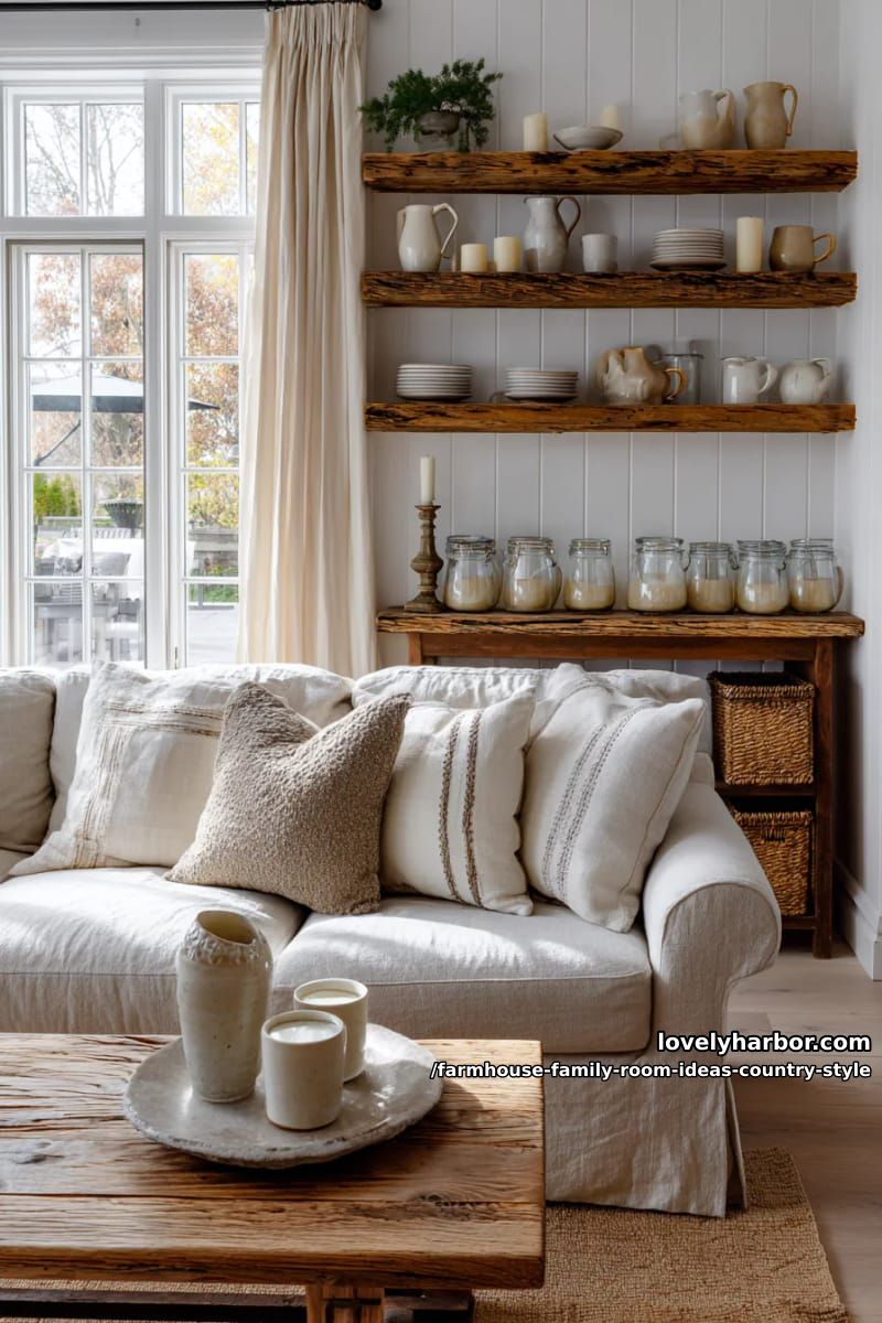 Open shelf with cream-colored ceramics, mason jars and farmhouse candles 1