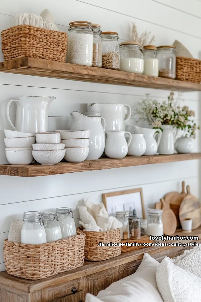 Open shelf with cream-colored ceramics, mason jars and farmhouse candles 1