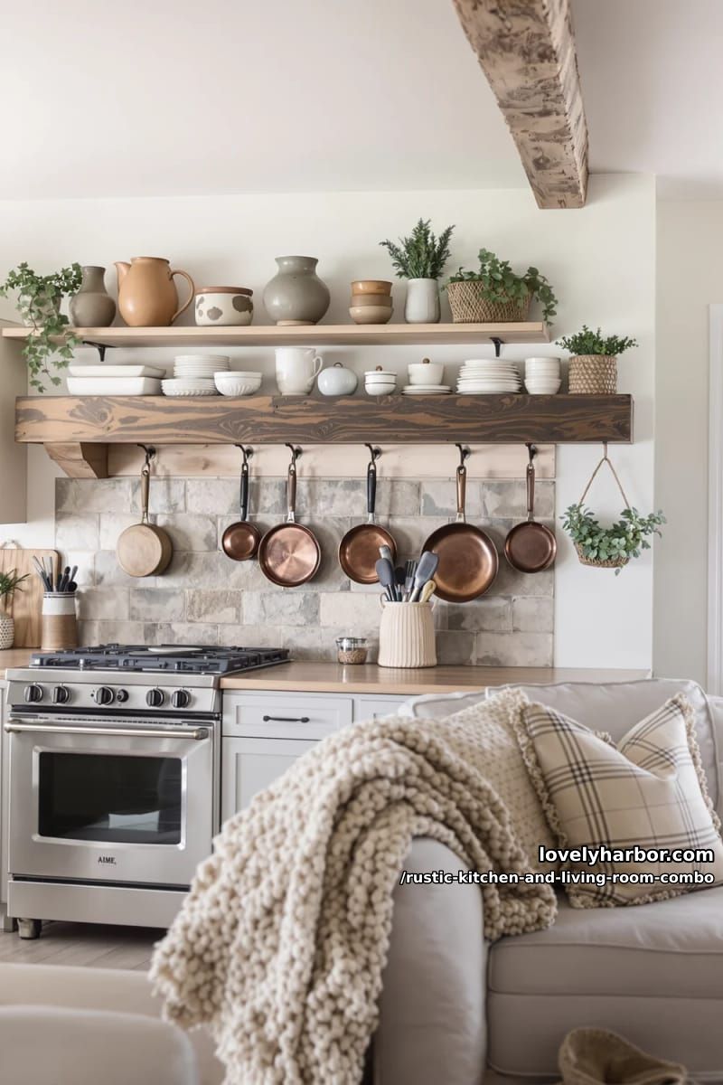 15 Rustic Kitchen and Living Room Combos for Modern Homes 7 Open shelf with vintage ceramics and copper pans above stove 1
