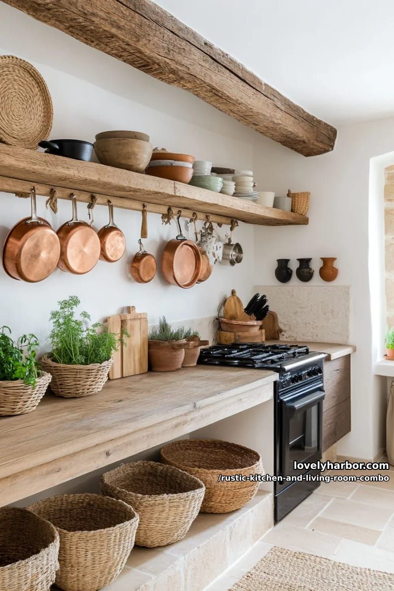 15 Rustic Kitchen and Living Room Combos for Modern Homes 8 Open shelf with vintage ceramics and copper pans above stove 1
