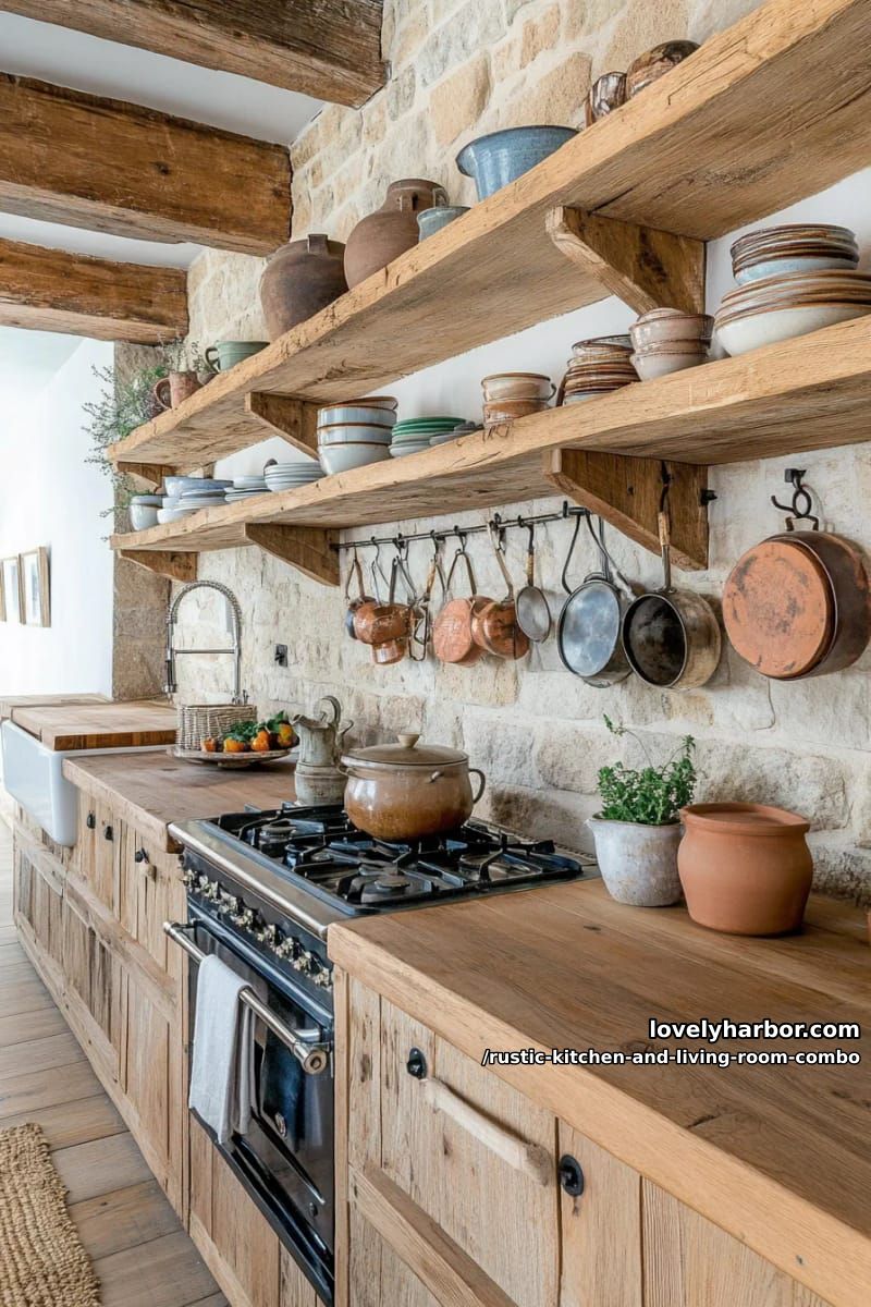 15 Rustic Kitchen and Living Room Combos for Modern Homes 9 Open shelf with vintage ceramics and copper pans above stove 1