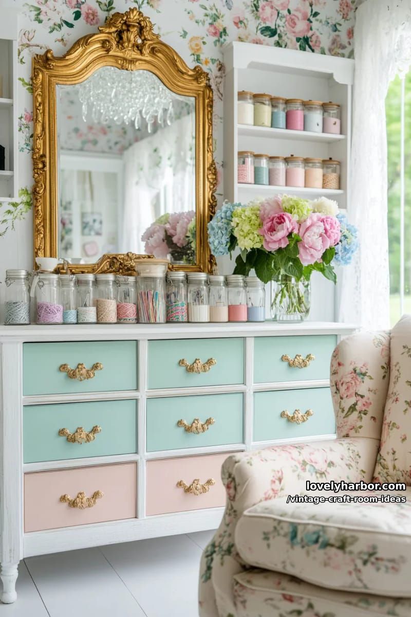 15 vintage craft room ideas for a charming creative space 30 Ornate gold mirror above a shabby chic workbench with pastel drawers 1
