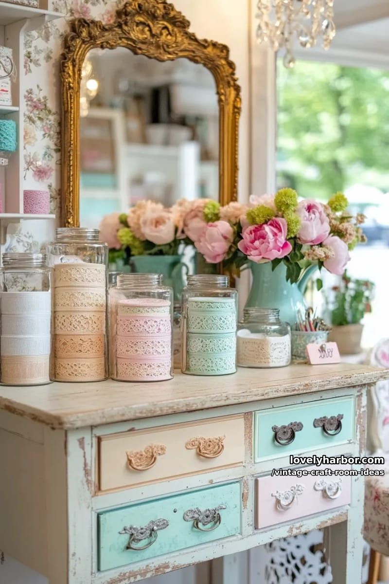 15 Vintage Craft Room Ideas for a Charming Creative Space 31 Ornate gold mirror above a shabby chic workbench with pastel drawers 1