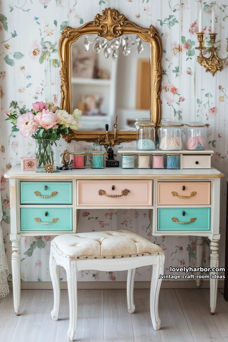 15 Vintage Craft Room Ideas for a Charming Creative Space 32 Ornate gold mirror above a shabby chic workbench with pastel drawers 1