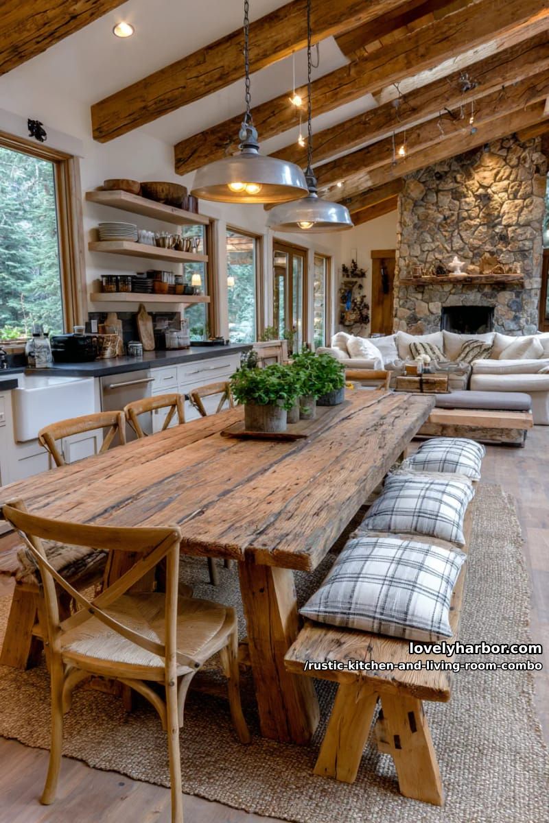15 Rustic Kitchen and Living Room Combos for Modern Homes 5 Oversized farmhouse table that doubles as a kitchen island and dining room focal point 1