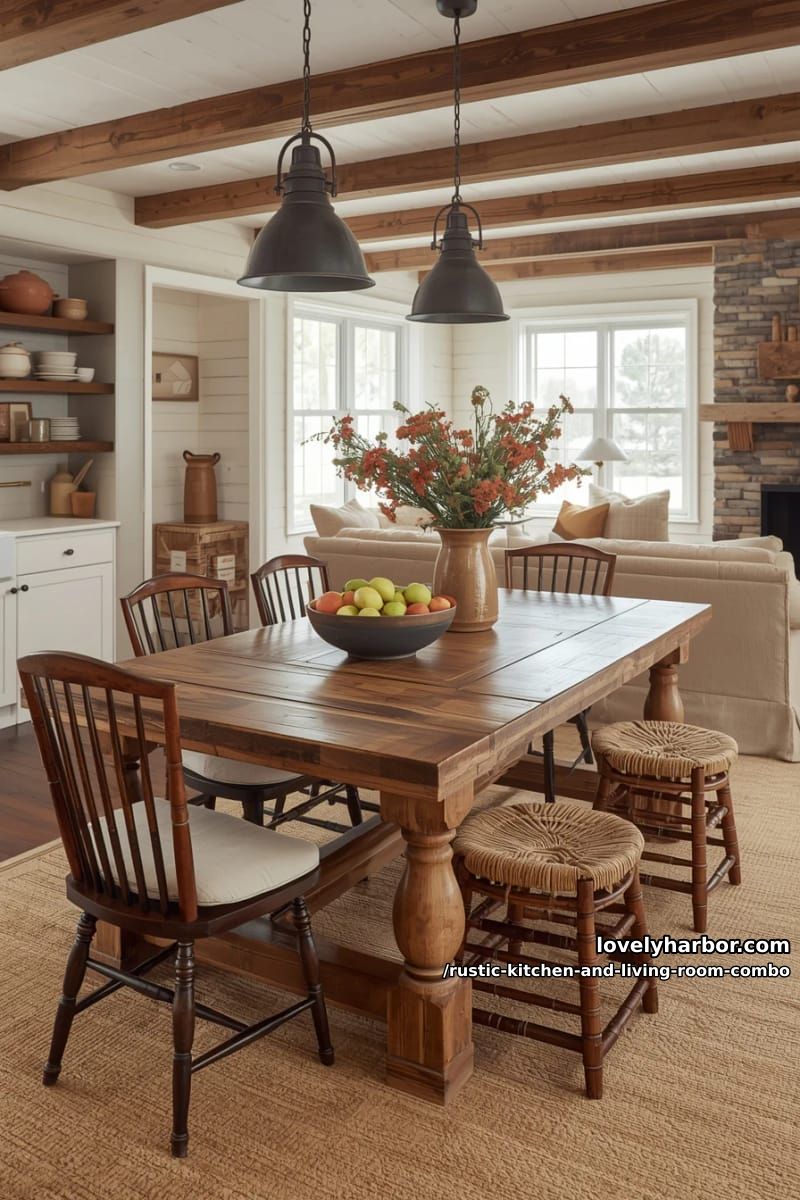 15 Rustic Kitchen and Living Room Combos for Modern Homes 6 Oversized farmhouse table that doubles as a kitchen island and dining room focal point 1