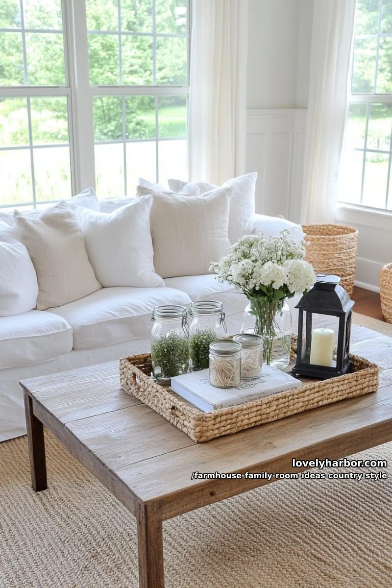 Oversized white sofa with slipcover paired with distressed wooden coffee table 1