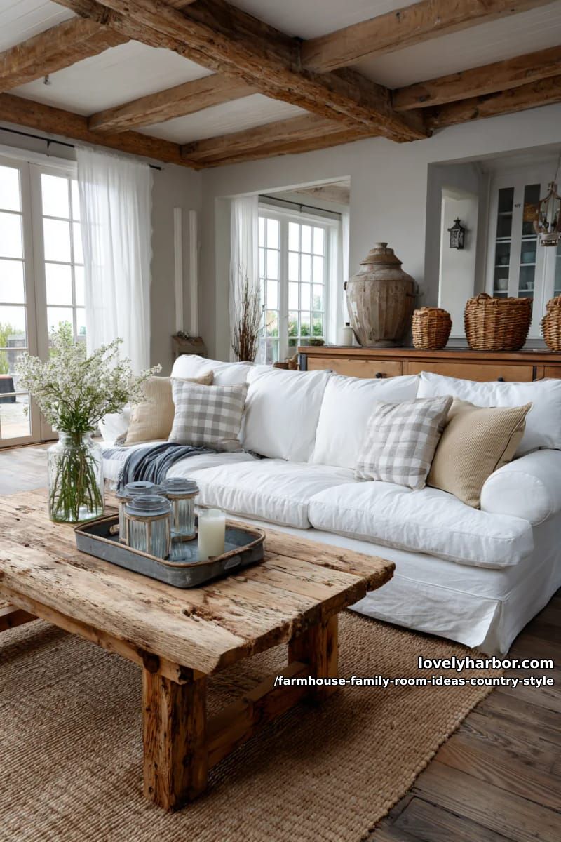 Oversized white sofa with slipcover paired with distressed wooden coffee table 1