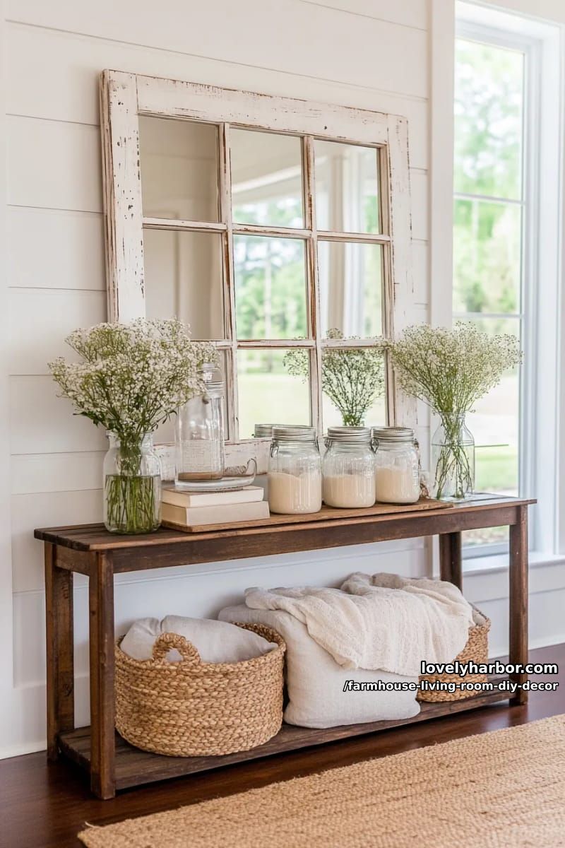 Paint old window panes white and use them as a decorative wall mirror frame. 1