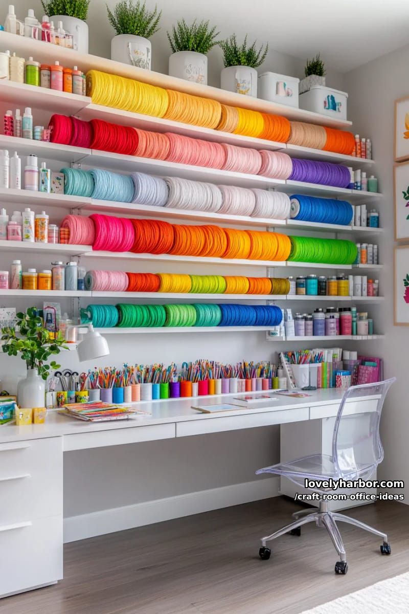15 Versatile Craft Room Office Ideas for Modern Creatives 3 Rainbow colored craft supply wall for instant inspiration and cheerful mood 1