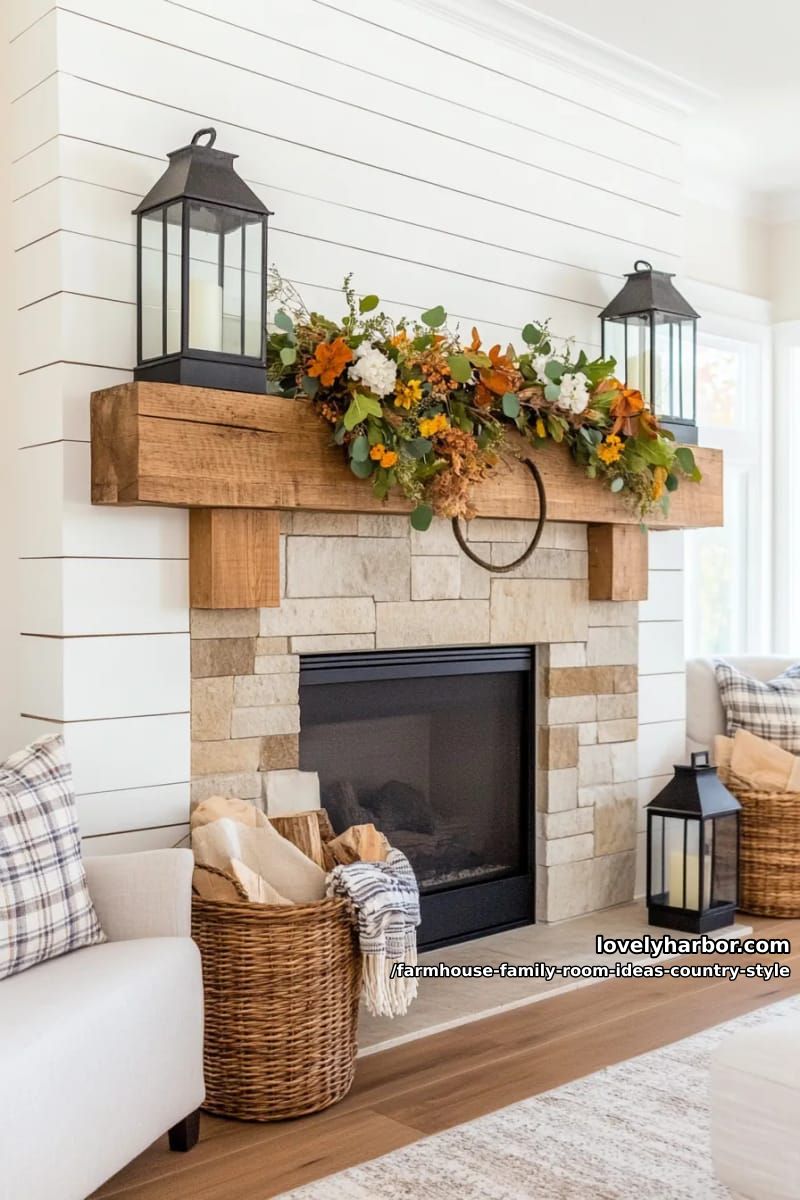 Reclaimed barn wood mantel with iron lanterns and seasonal wildflower garland 1