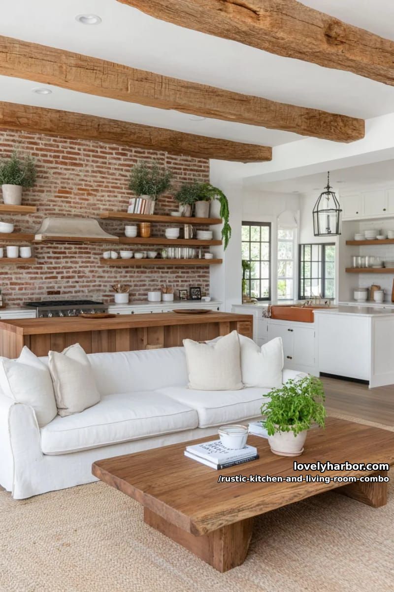 15 Rustic Kitchen and Living Room Combos for Modern Homes 3 Reclaimed wooden beams with exposed brick wall and cozy linen sofas 1
