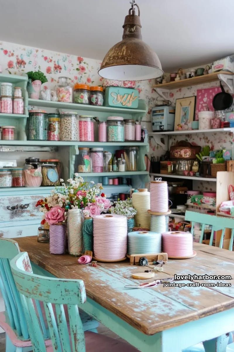 15 Vintage Craft Room Ideas for a Charming Creative Space 26 Recycled wood table surrounded by mismatched painted bistro chairs 1