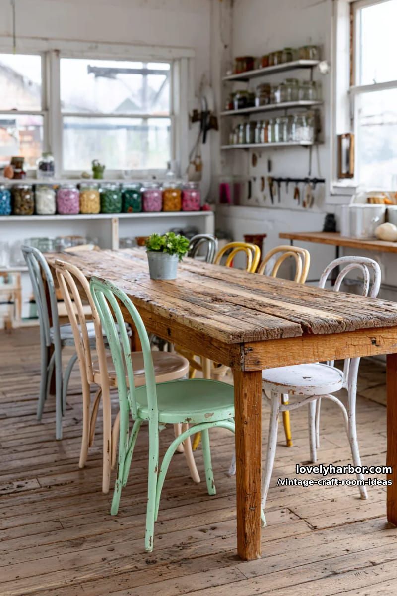 15 Vintage Craft Room Ideas for a Charming Creative Space 27 Recycled wood table surrounded by mismatched painted bistro chairs 1