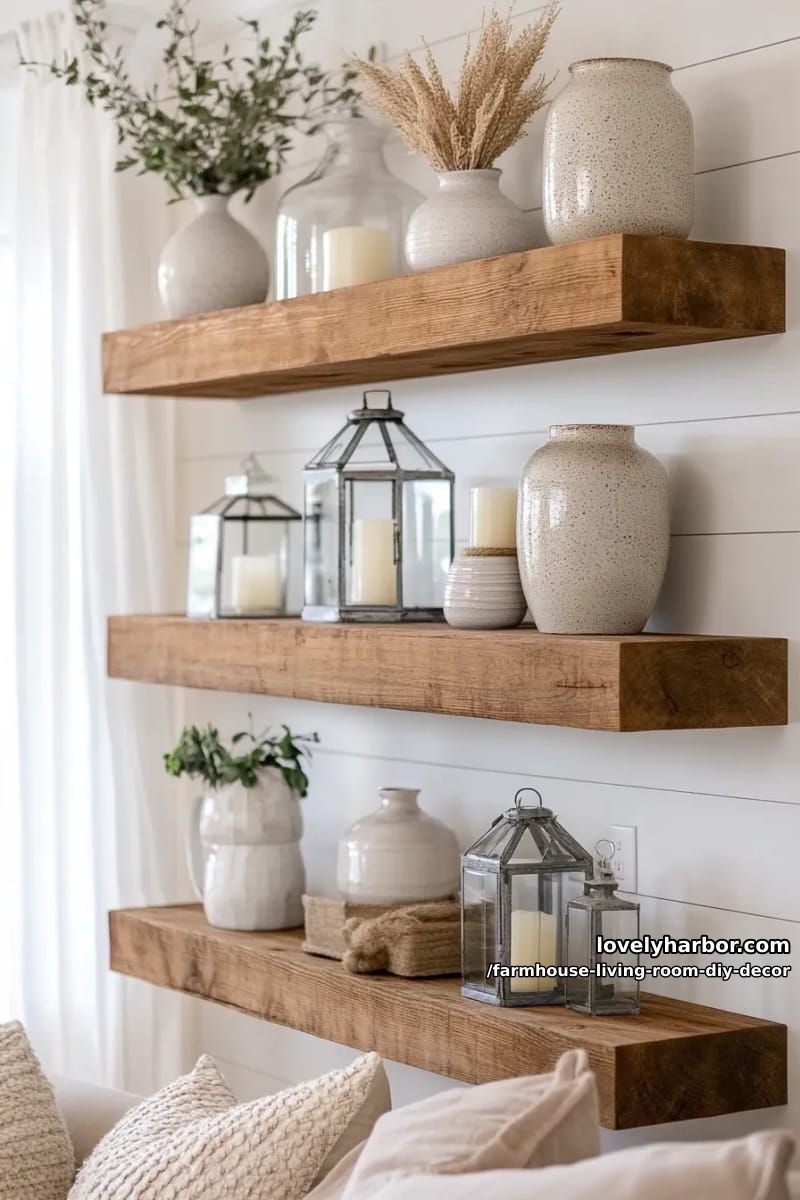 Transform barn wood into floating shelves for farmhouse vases and lanterns. 1
