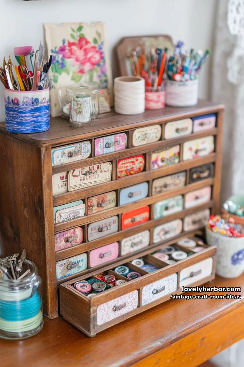 15 vintage craft room ideas for a charming creative space 11 Repurposed library card catalog filled with washi tape, stamps and ephemera 1
