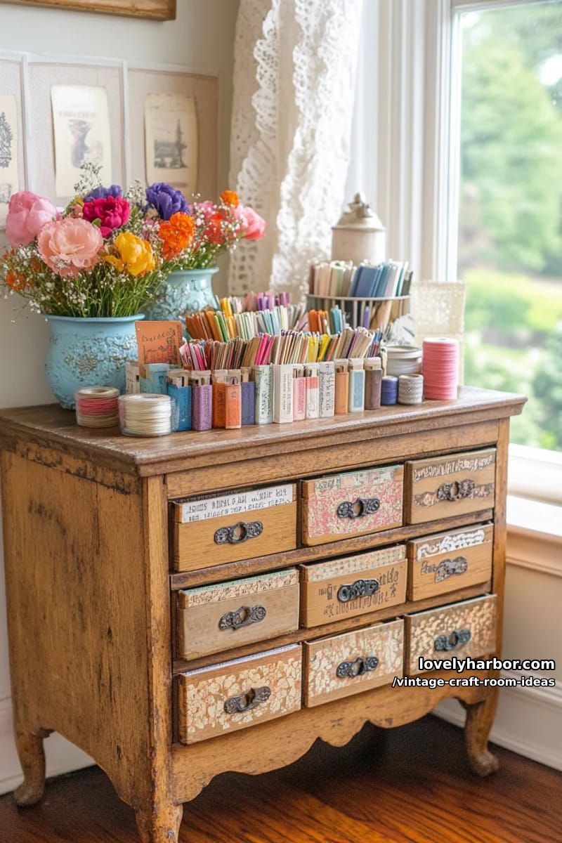 15 vintage craft room ideas for a charming creative space 10 Repurposed library card catalog filled with washi tape, stamps and ephemera 1