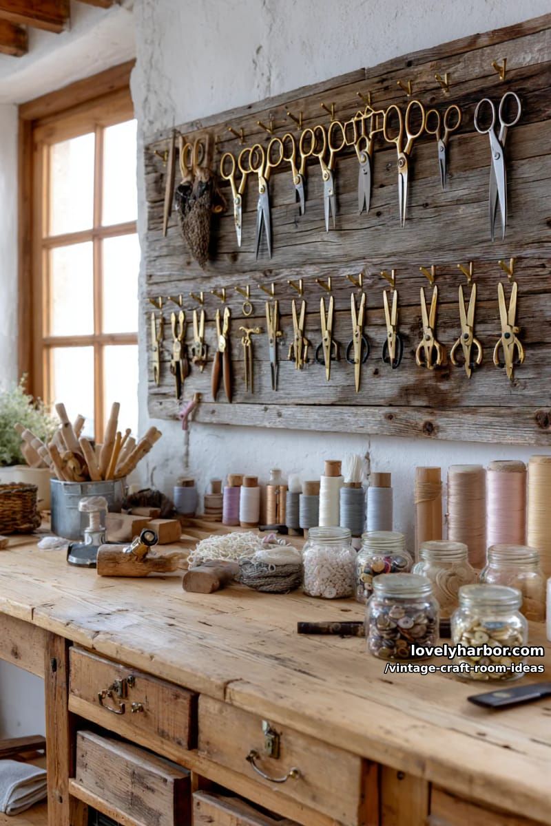 15 Vintage Craft Room Ideas for a Charming Creative Space 22 Rustic pegboard wall with brass hooks for hanging vintage scissors and tools 1
