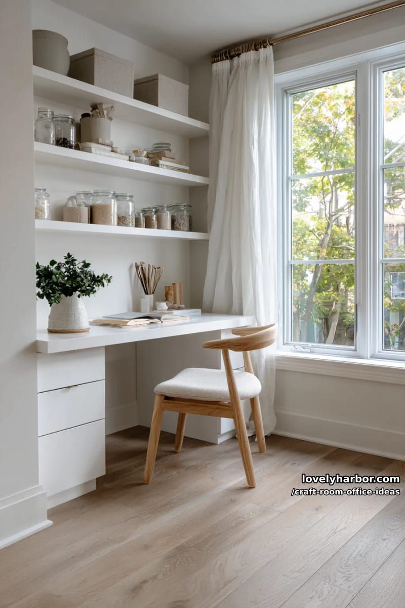 15 Versatile Craft Room Office Ideas for Modern Creatives 24 Scandinavian-inspired minimal office with hidden drawer storage and white shelves 1