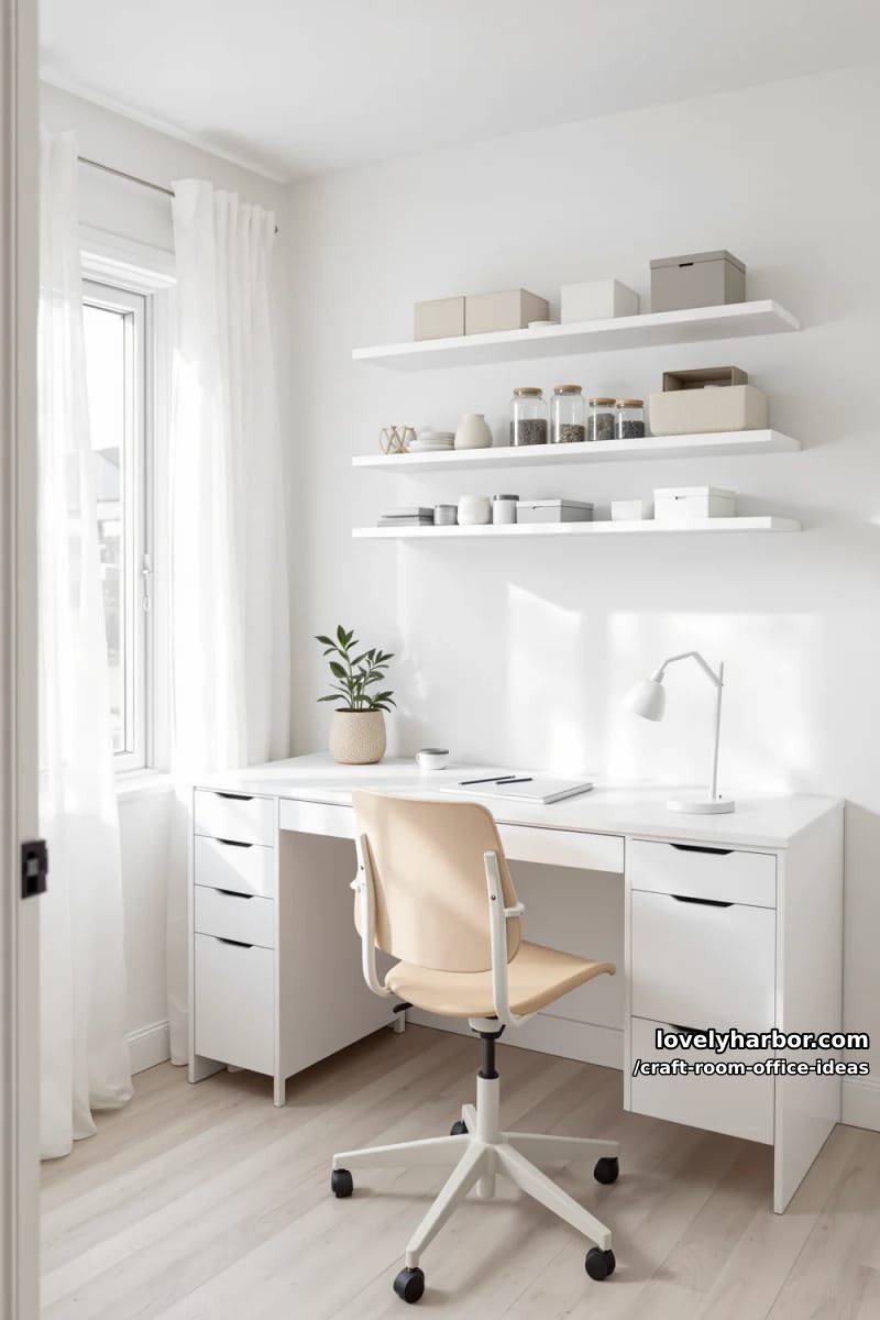 15 Versatile Craft Room Office Ideas for Modern Creatives 25 Scandinavian-inspired minimal office with hidden drawer storage and white shelves 1