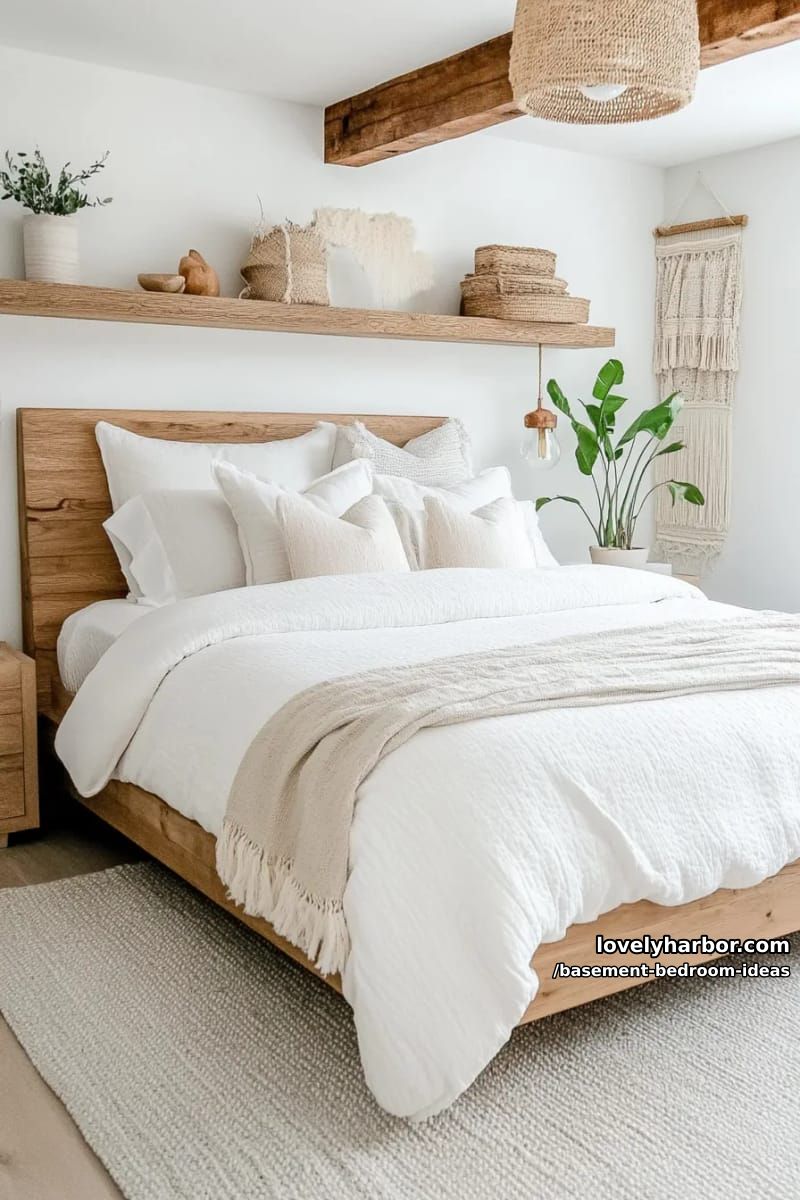 Scandinavian-inspired palette with floating shelves and soft, neutral textiles 1