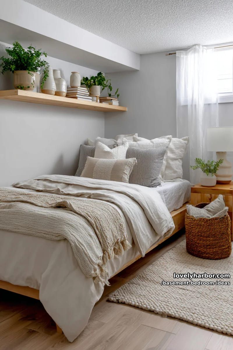 Scandinavian-inspired palette with floating shelves and soft, neutral textiles 1