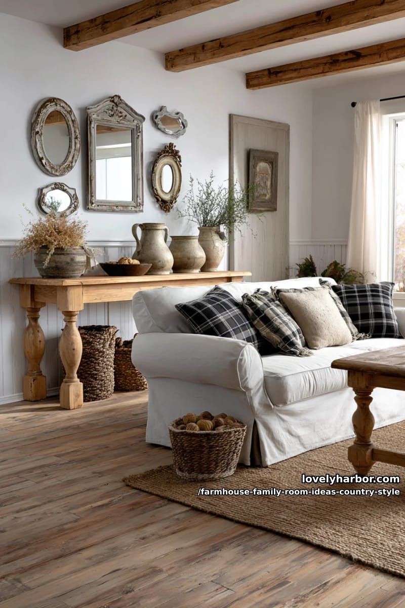 Shiplap accent wall adorned with mismatched antique farmhouse mirrors 1