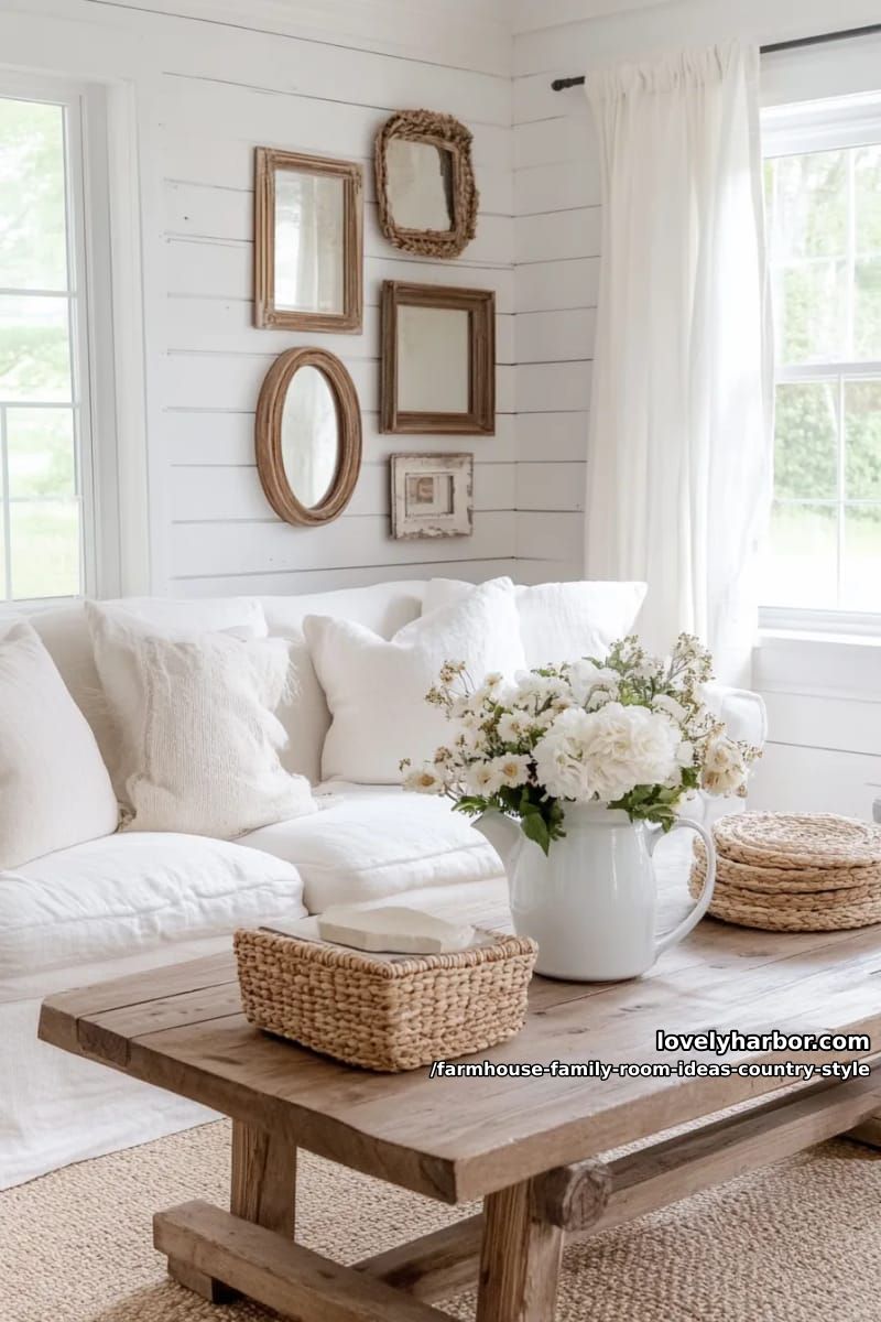 Shiplap accent wall adorned with mismatched antique farmhouse mirrors 1