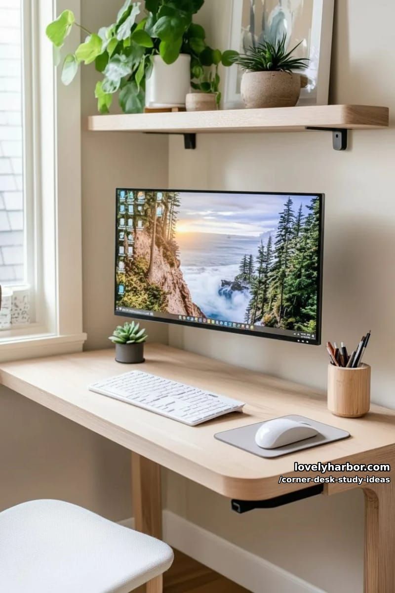 23 innovative Eckschreibtisch-Studienideen für moderne Räume 42 kleiner L-förmiger Schreibtisch mit schwebendem Monitorständer und kabellosem Ladepad 1