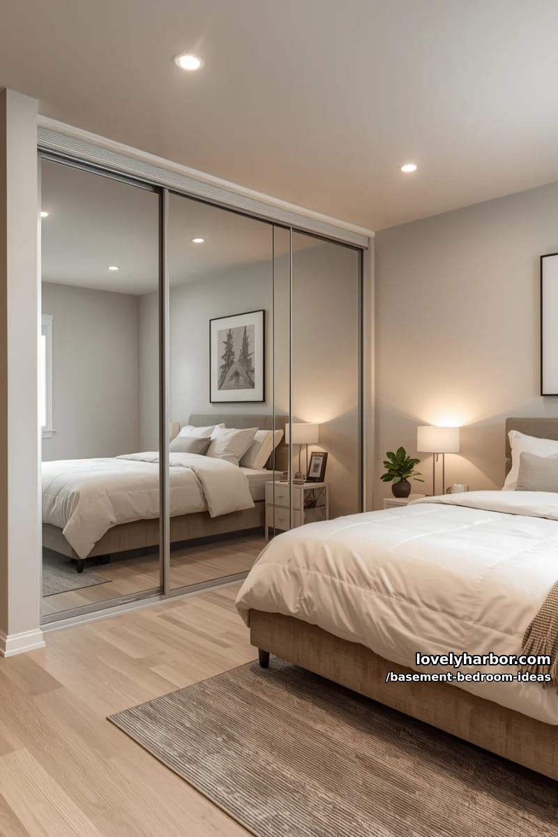 Solution for small rooms: mirrored cupboard doors and roller drawers under the bed 1