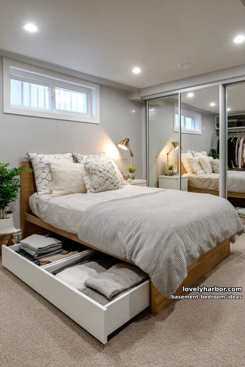 Solution for small rooms: mirrored cupboard doors and roller drawers under the bed 1