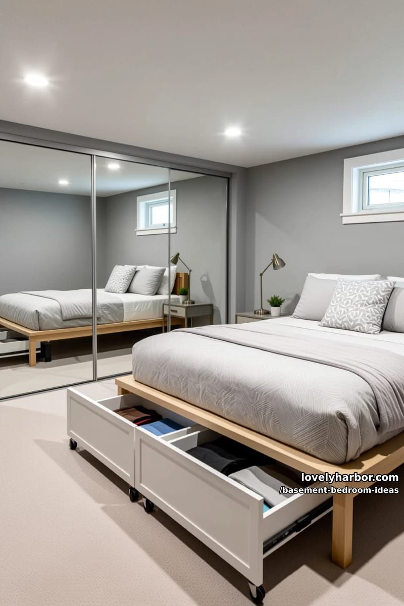 Solution for small rooms: mirrored cupboard doors and roller drawers under the bed 1