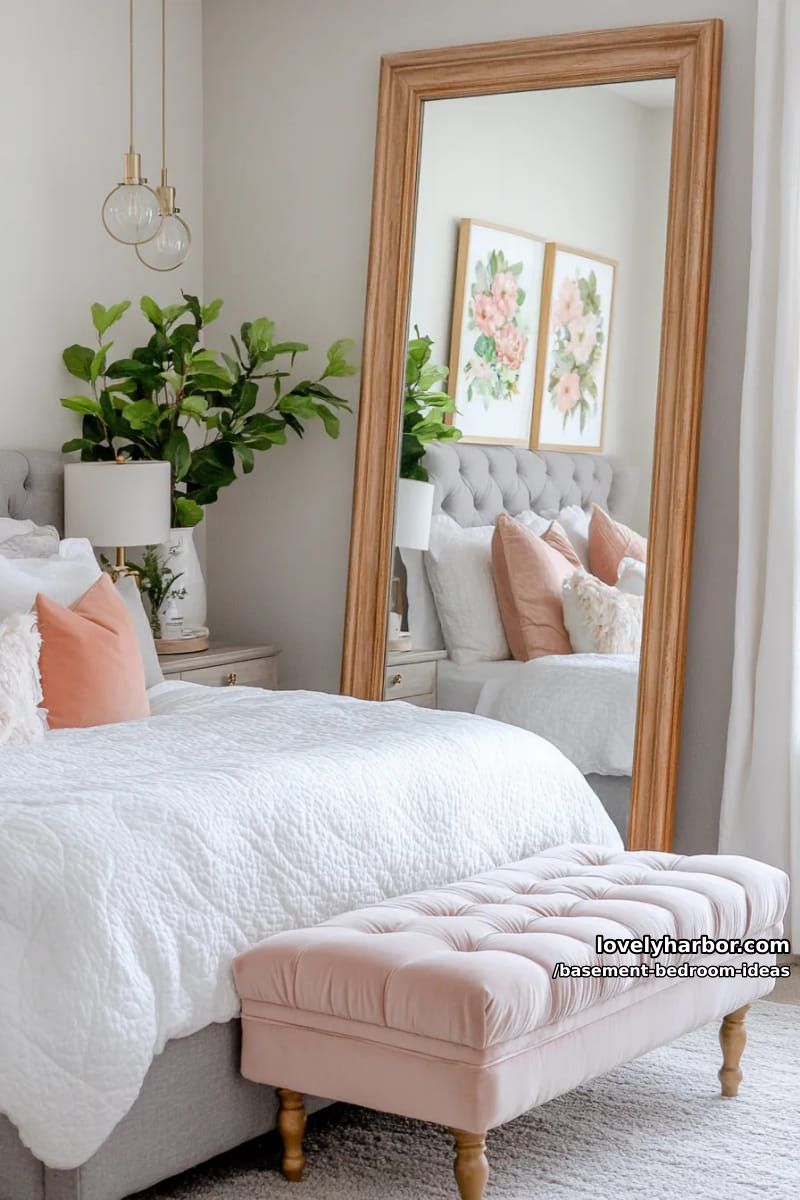 Soft blush and gray palette with oversized floor mirror and floral art prints 1